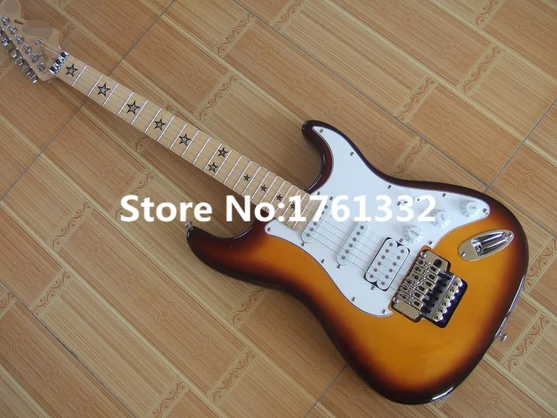 

Factory custom tobacco sunburst electric guitar with pentagram inlay,3 single pickups,white pickguard,can be changed as request