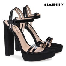 2019 Spring New Women Shoes High Heel Chunky Sandals Platform Pumps Strap Buckle Ladies Evening Party Dress Shoes Black retro women s pumps with chunky heel and platform design