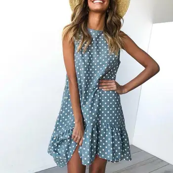 

Lotus Leaf Edge Wave Point Fashion Women's Dresses Tank O-neck Dress 2020 Fashion Loose Sleeveless Boho Dress Vestidos S-XL