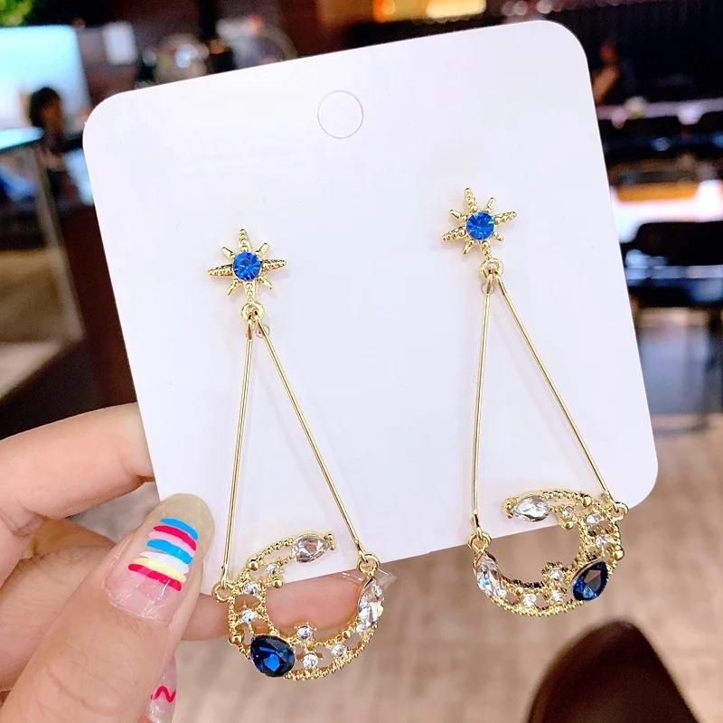

MENGJIQIAO 2019 New Korean Elegant Moon Star Drop Earrings For Women Girls Blue Crystal Cute Zircon Brinco Party Jewelry Gifts