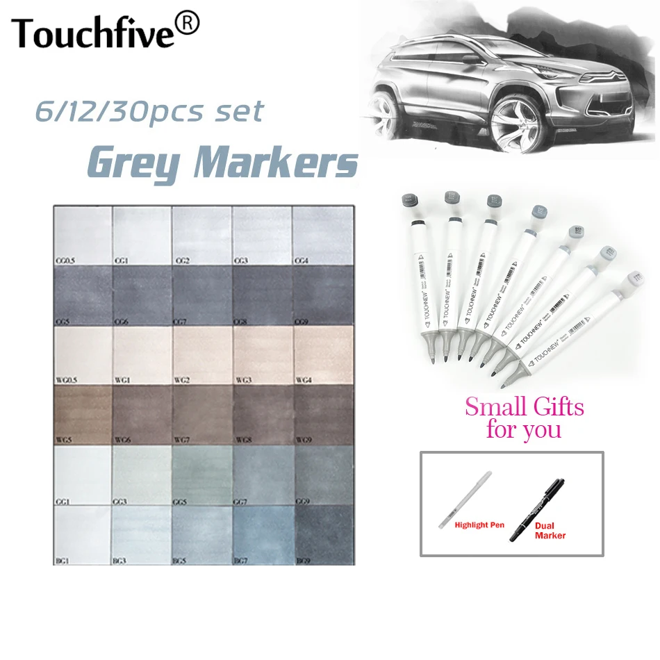 

TouchFive 30 Colors Grayscale Double-Ended Sketch Markers Art Marker Pen 6/12 Alcohol Based Ink Neutral Gray Tones Art Supplies