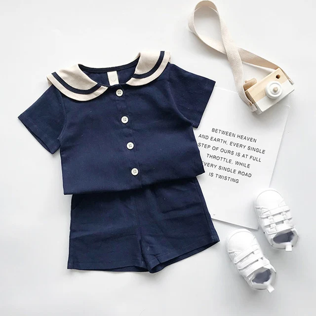 Humor Bear/японский и корейский стиль, темно-синий стиль, Детская Хлопковая льняная футболка с матросским воротником+ штаны, комплекты летней одежды из 2 предметов костюм для мальчиков и девочек - Цвет: blue
