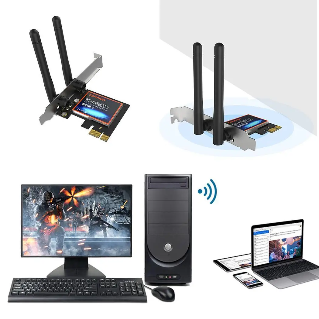 Двойные антенны беспроводной сетевой карты PCI-E интерфейс с 2 WiFi 100 метров адаптер Черный 2,4G 300 Мбит/с