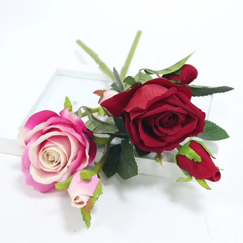 Flone Velvet Rose Flower Branch Fake Flowers Roses Artificial Flowers High Quality Wedding Home Garden Decoration Accessories (1)