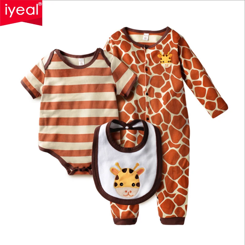 IYEAL 3Pcs Set 0 18M Cute Animal Newborn Clothing Baby Rompers Bib Cotton Baby Boy Girl