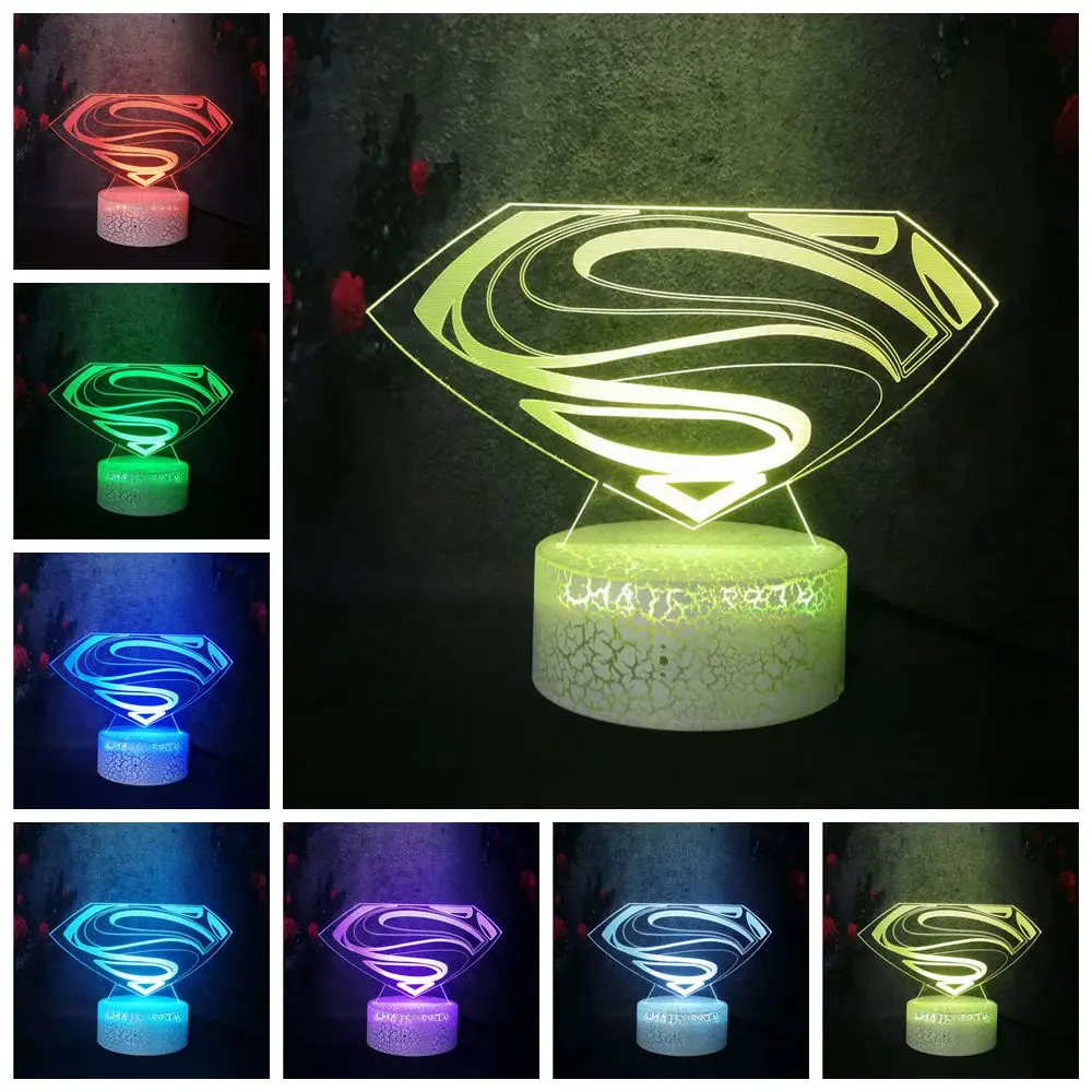 Новый крутой Бэтмен Символ Супермена 3D RGB светодиодный ночник 7 цветов блеск
