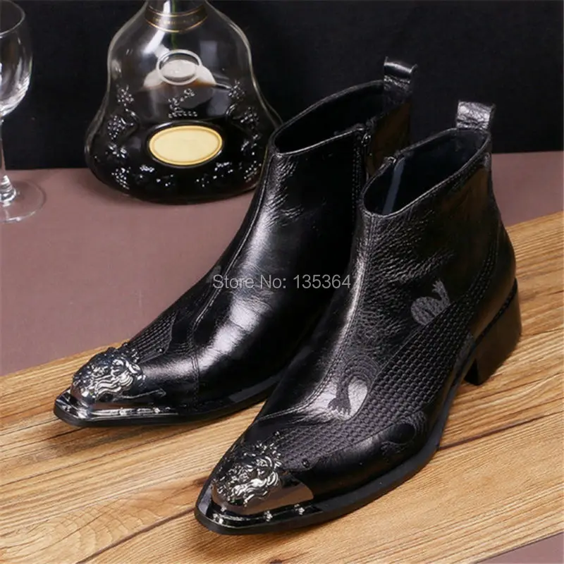 2017 Fashion New Black Genuine Leather Autumn Winter Ankle Boots Pointed Toe Men Shoes Zip Wedding Party Dress Shoes Men Boots