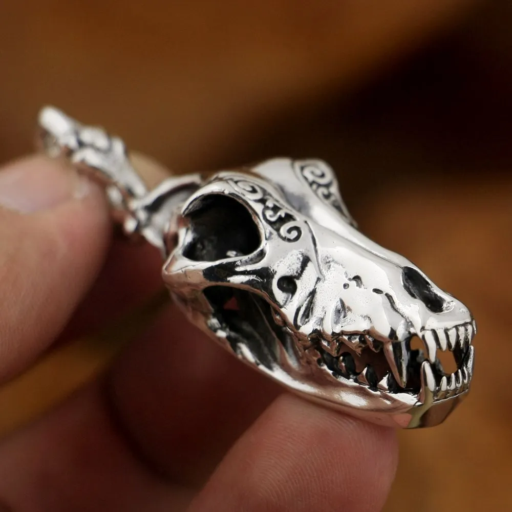 925 Sterling Silver Wolf Head Bone Pendant Mens Biker Rock Style TA84A