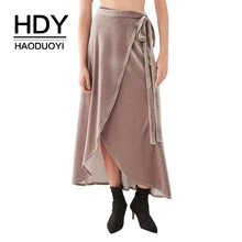 HDY Haoduoyi бренд женские коричневые бархатные повседневные юбки с высокой талией и поясом эластичные женские элегантные мягкие юбки на пуговицах для девушек
