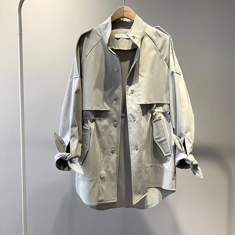 Fashion Trench Coat Female Autumn Windbreaker Drawstring Casual Loose Safari Clothes Stand Collar 2020 Spring Women Short Trench