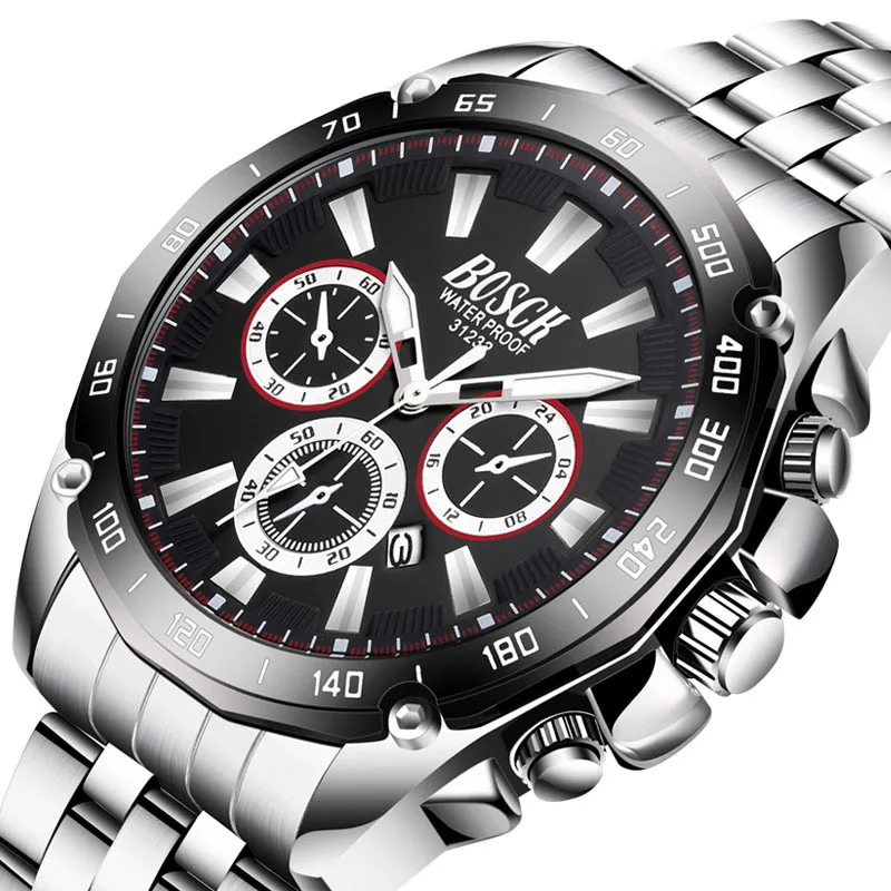 

BOSCK Men's Watch Steel Sports Calendar Date Leisure Waterproof Quartz Wristwatches Multi-function Luminous Man Clock Relogio