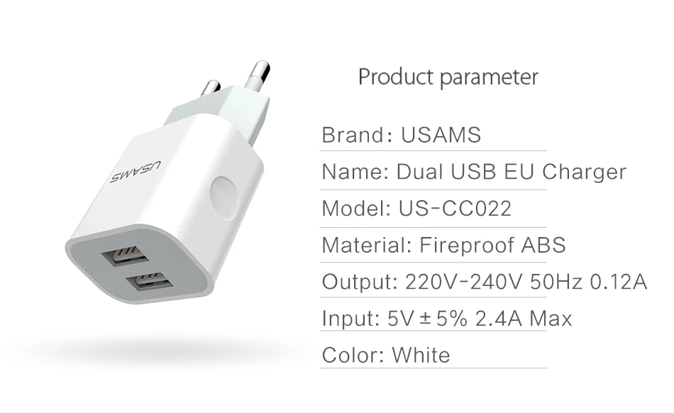 USAMS 2 Порты USB Зарядное устройство 5V 2.4A полностью EU/UK Стандартный мобильного телефона универсальный переносной usb-адаптер для стены Зарядное устройство для iPhone samsung