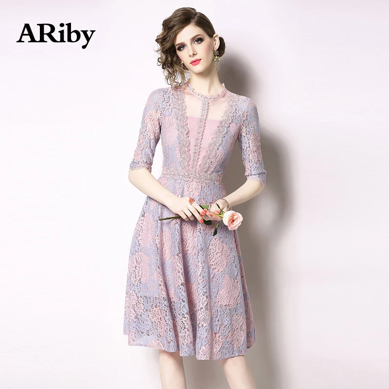 Lace Women Dress 2019 Spring/Summer New Lady High-end Elegant Temperament Slimming Five-sleeved O-Neck Hollow-out A-Line Dress