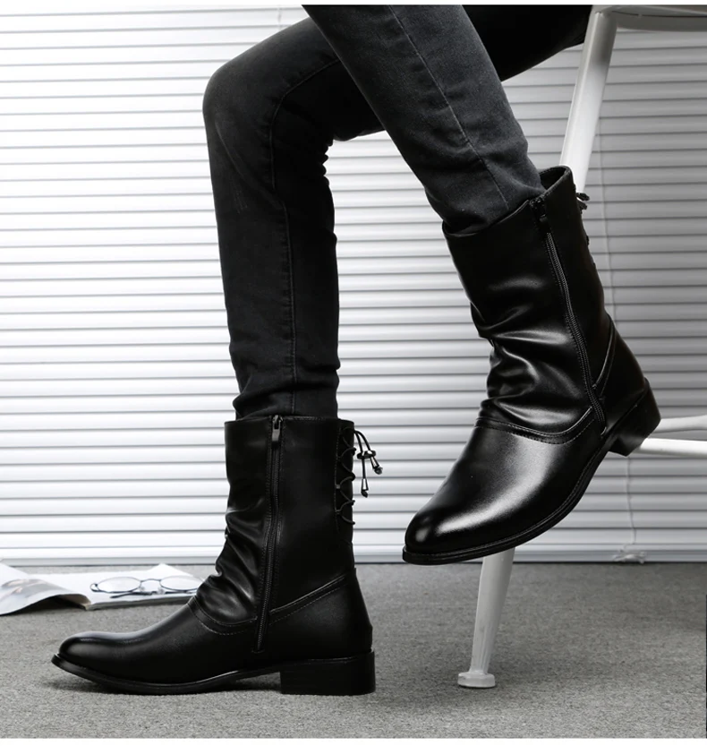 Men's Boots Men Desert Boot Mid-Calf Genuine Leather Boots Men's Zipper Men Winter Shoes Round Toe Motorcycle Boots' Army Black (10)