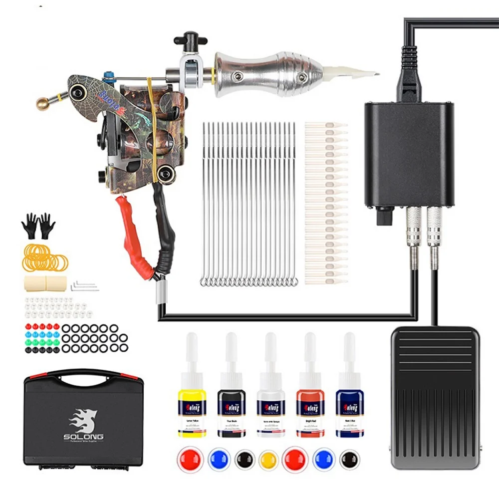 

coil tattoo machine complete tattoo gun set lining shading 5 ink 20 neddles power supply alloy grip kit for body art tattooist