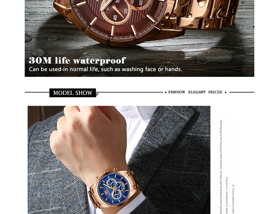Мини-фокус Мужские кварцевые часы хронограф из нержавеющей стали водонепроницаемые светящиеся деловые наручные часы мужские 170 г Золотой синий