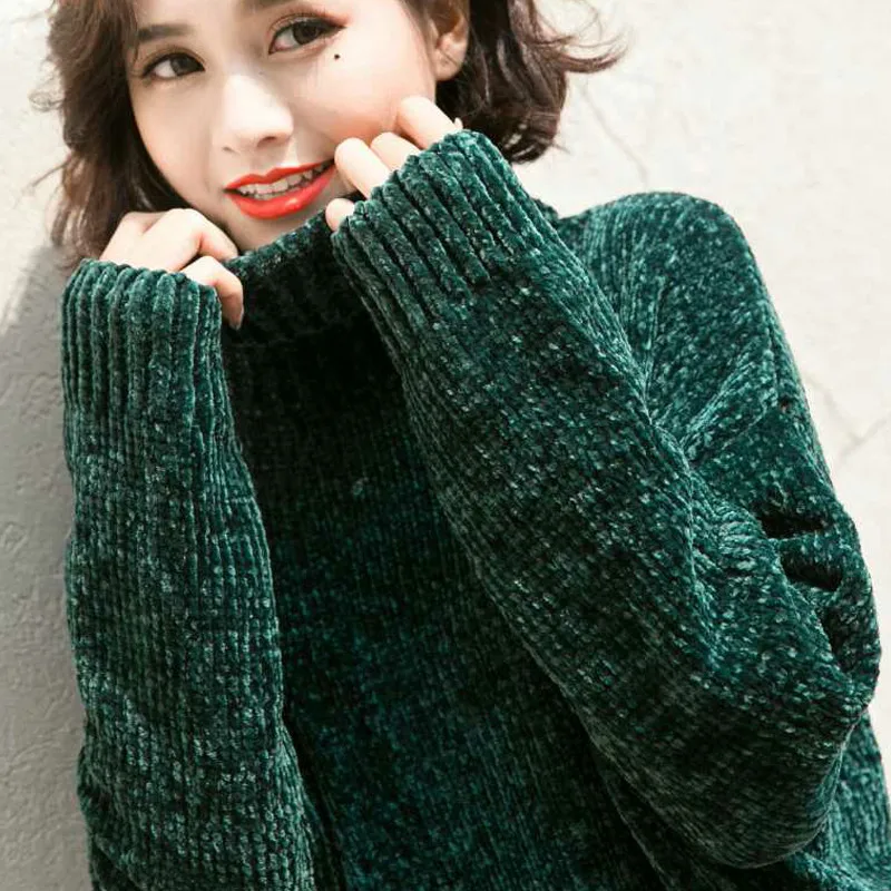 NIJIUDING thick warm turtleneck oversized chenille sweaters long sleeve winter autumn basic loose pullovers ladies causal tops