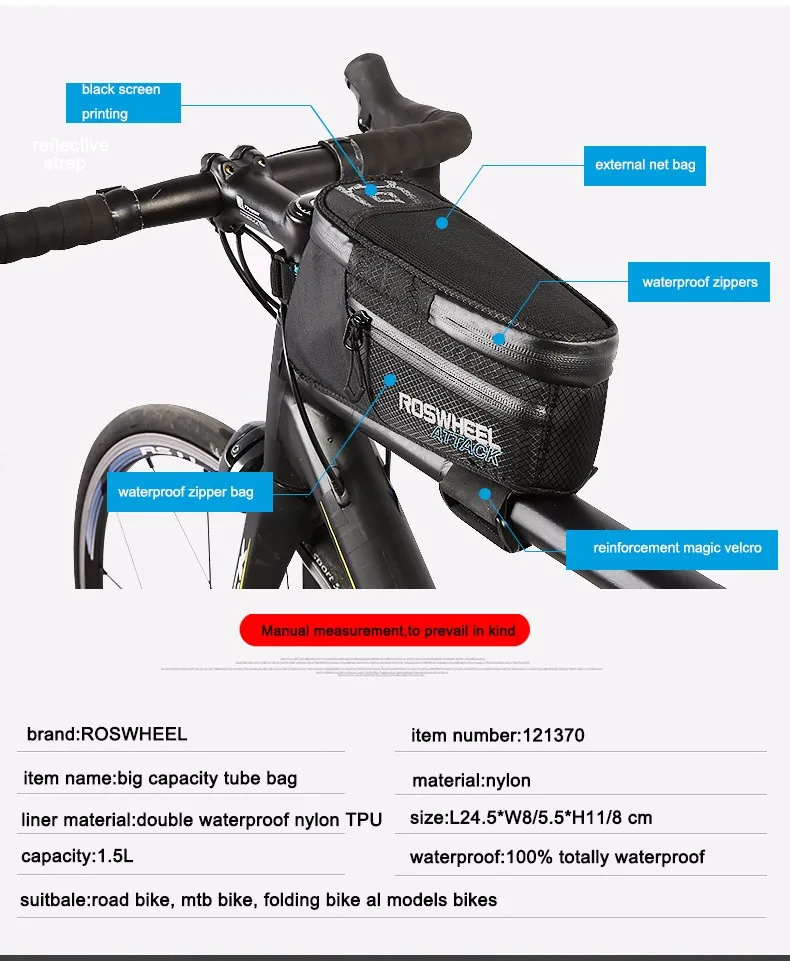 Sale ROSWHEEL Bike Accessories 1.5L 100% Waterproof Bicycle Bag Front Frame Tube Triangle Bag MTB Bike Folding Bike Front Bag 8