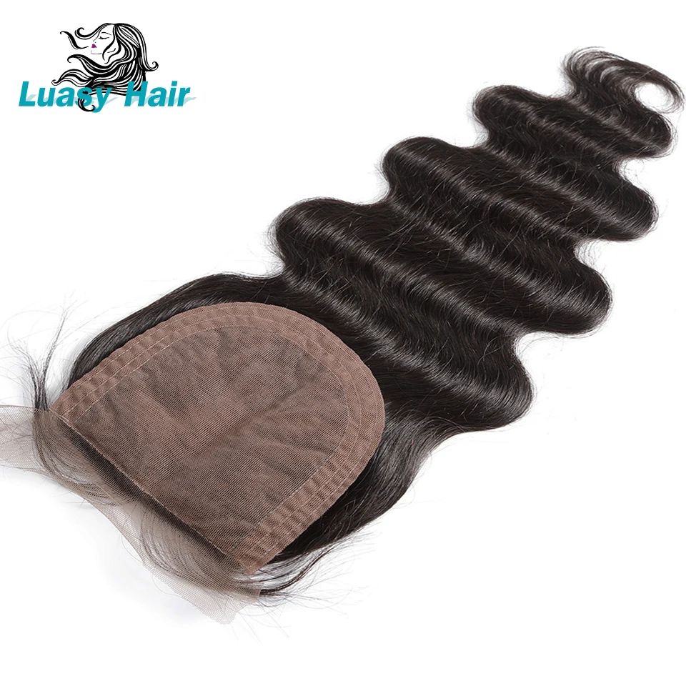 Luasy шелковая основа с закрытием для волос младенца волна тела Remy бразильские человеческие волосы 4x4 шелковое верхнее закрытие отбеленные
