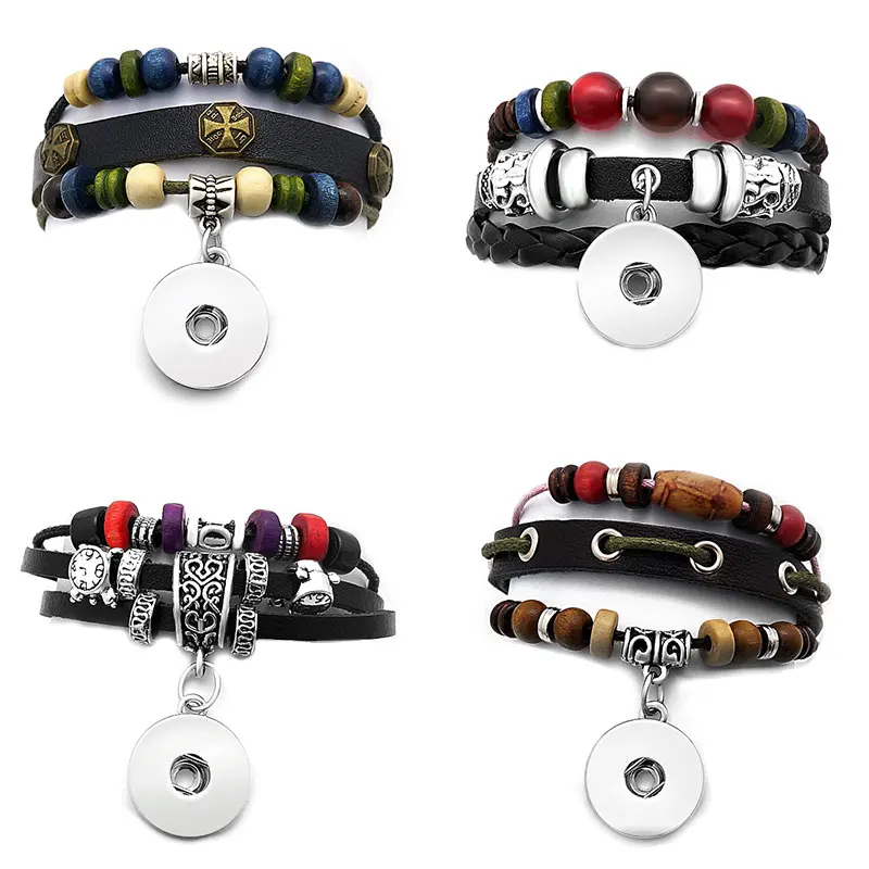 

Fashion Multi-layer Weave Rope Cuff Leather Bracelet beads beauty snap bracelet fit 18mm snap buttons DIY snap jewelry SE0200