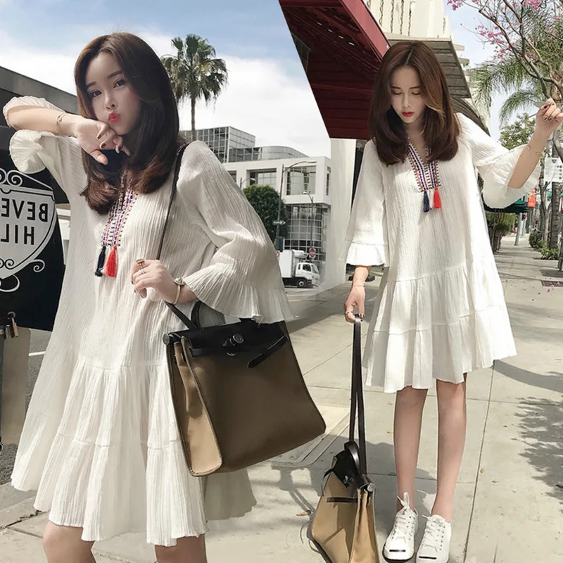 

Women Casual Emrboidery A-line Dress Three Quarter Sleeve Flare Sleeve Tessel Spring Summer Autumn New Arrival Big Size Hot Sale