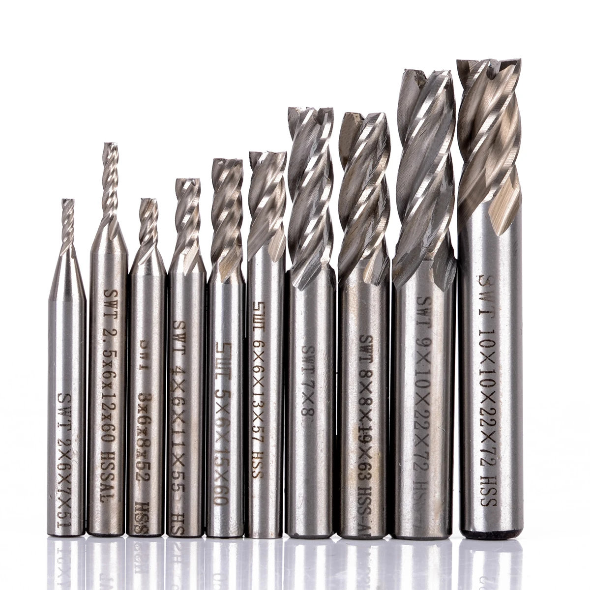 10pcs HSS Aluminum End Mill 4 Flute 2-10mm Diameters Straight CNC Tools Milling Drill Bits Cutter
