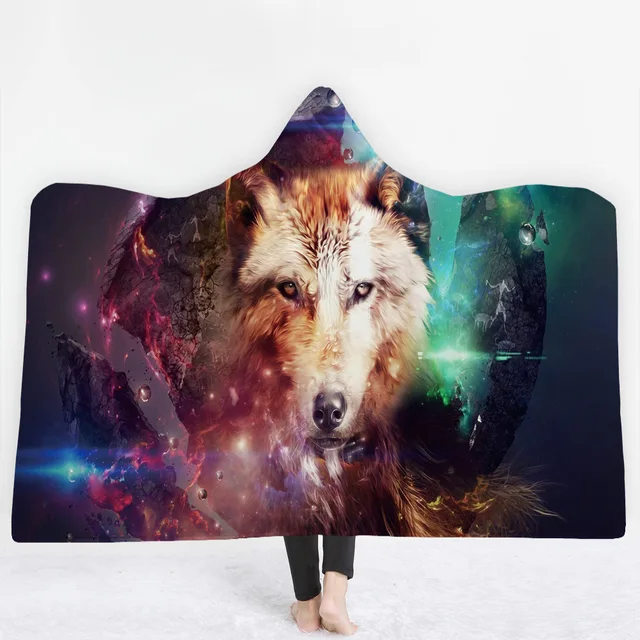 Buy 3D Wolf Moon Printing Hooded Blanket For Adults