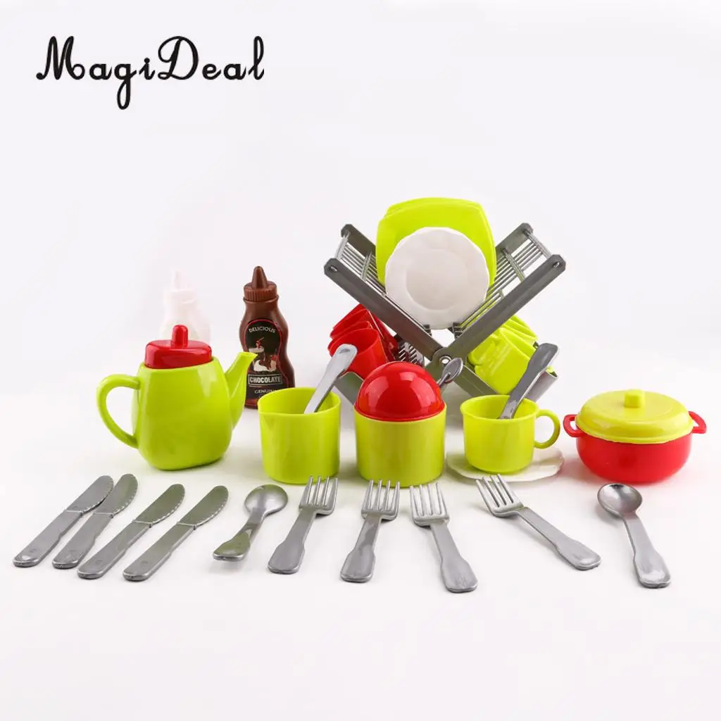 Durable Kids Children Pretend Play Dish Set (34 Pieces/ Set) with Drainer