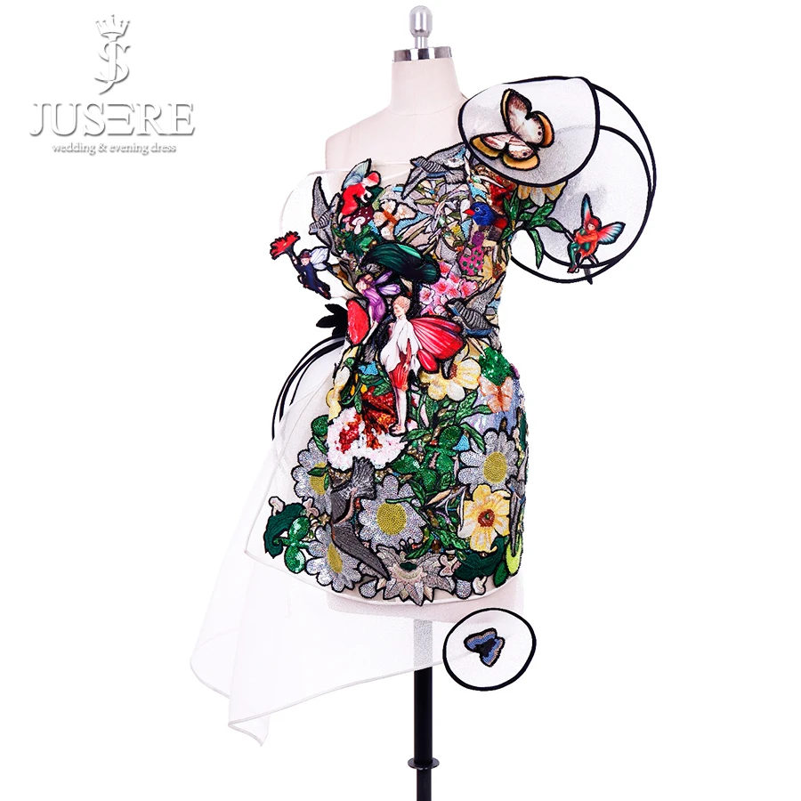

Jusere Colorful Sequins Emboridery Attractive Short Party Dresses Unique Design One Shoulder Sexy Prom Dress Real Photos