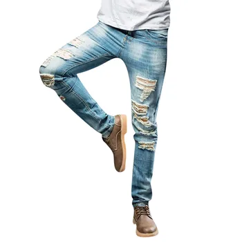 

2019 new fashion Men's Casual Autumn Denim Cotton Straight Ripped Hole Trousers Jeans Pants high quality dropshiping W624