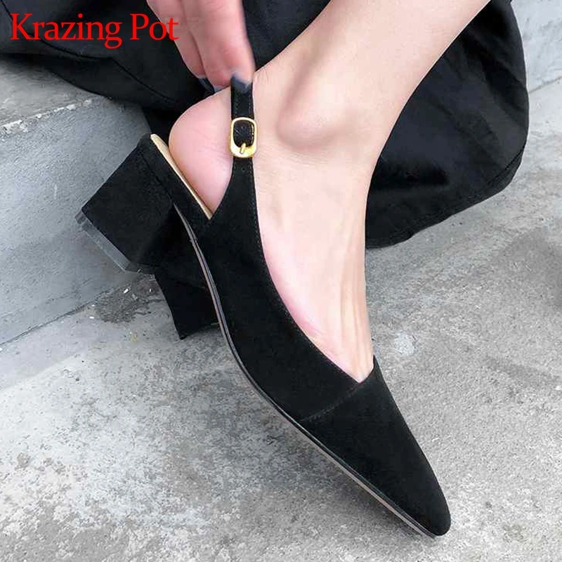 

Krazing Pot new sheep suede party wear slingback shallow med heels solid color women pumps brand wedding buckle straps shoes L70