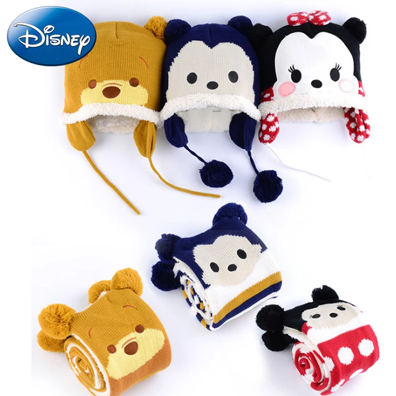 

Disney Mickey Minnie Kids knitted Warm-Scarf Girl Hat Set Woolen Winter Crochet-Hats And Scarves With Beanie Hat Boys Coif Hood