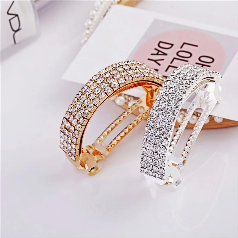

Fashion Women Shiny Rhinestones Hair Barrettes Gold Silver Hair Clips Statement Crystal Hair Holders Ponytail Good Quality