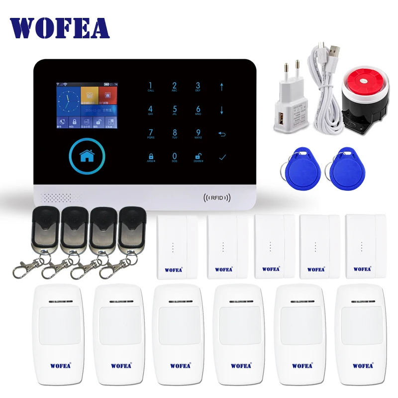 Online WOFEA inalámbrico sistema de alarma WiFi GSM kit de SIM GSM casa RFID de seguridad antirrobo táctil LCD teclado Inglés ruso español