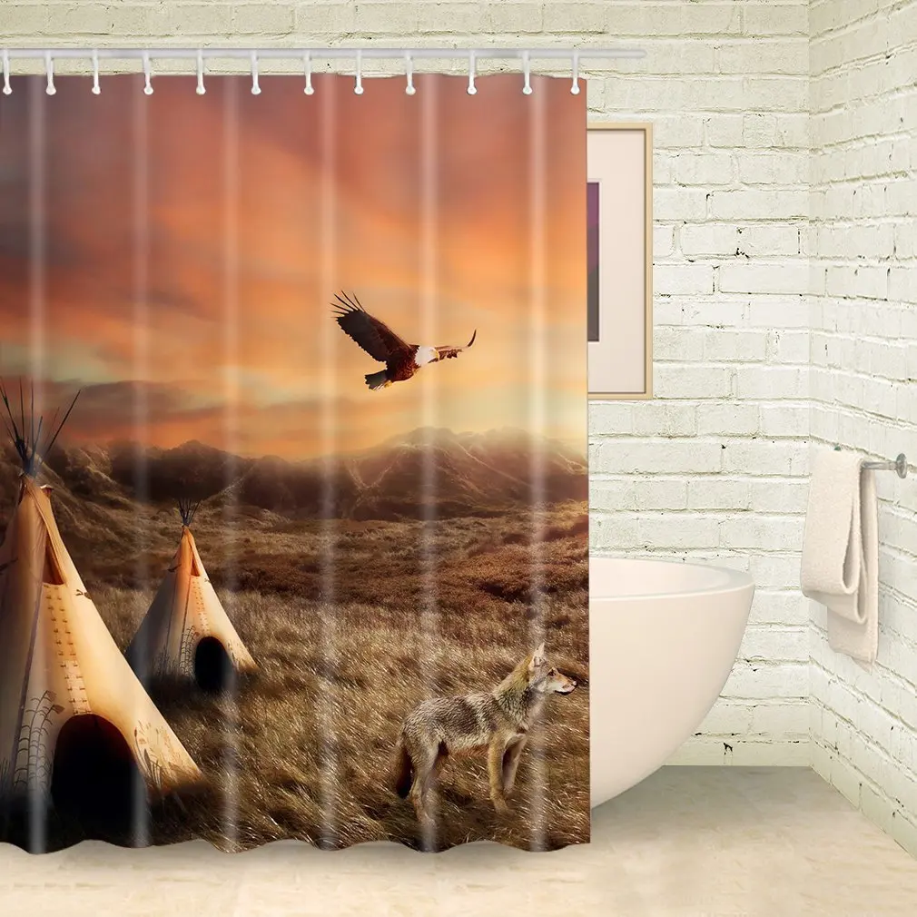 

South American Indian Tent Shower Curtain Mat Polyester Fabric Mildew-Resistant Wild Animals Eagle Dogs Autumn Landscape