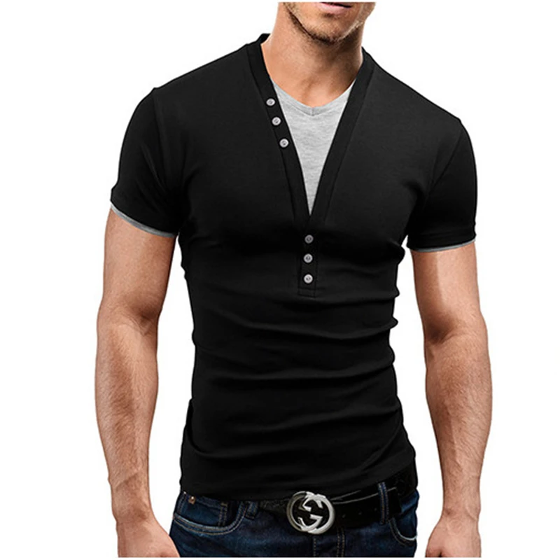 남성 T- 셔츠 2017 짧은 슬리브 가짜 2 T 셔츠 V 넥 슬림 남성 T- 셔츠 패션 Hombre 티 셔츠 Homme T 셔츠 2XL 3XL