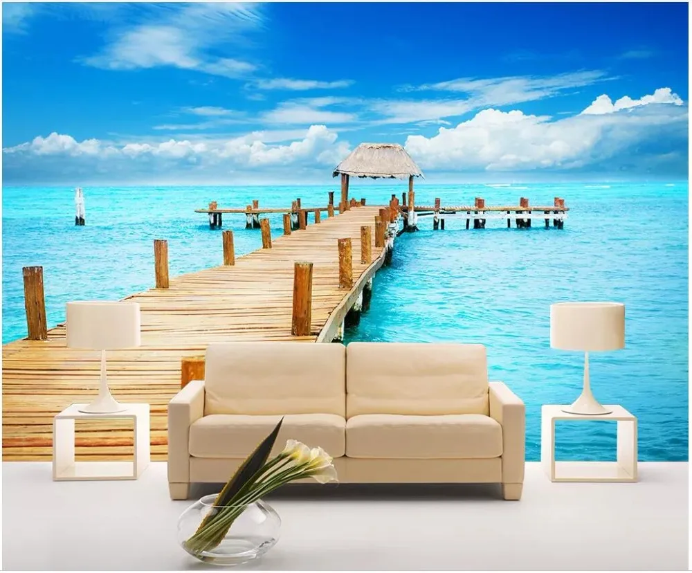 

Custom photo 3d wallpaper Seaside wooden bridge scenery background living room home decor 3d wall murals wallpaper for walls 3 d