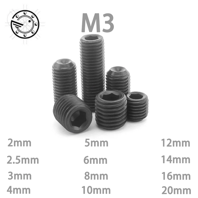 

100Pcs M3 DIN916 Black Carbon Steel Metric Thread Grub Screws Inner Hexagon Socket Set Screw M3x(2/2.5/3/4/5/6/8/10/12~20) mm