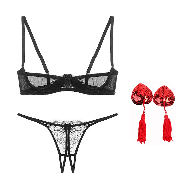 Women Sex Lingerie Open Chest Crotchless Bra Panties Adult Sexy Underwear Lace Embroidery Push Up Bra Panty Sets Nipple Cover
