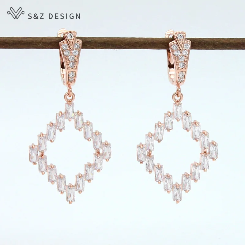 

S&Z 2019 New 585 Rose Gold White Square Cubic Zirconia Prismatic Dangle Earrings Korean For Women Texture Party Fashion Jewelry