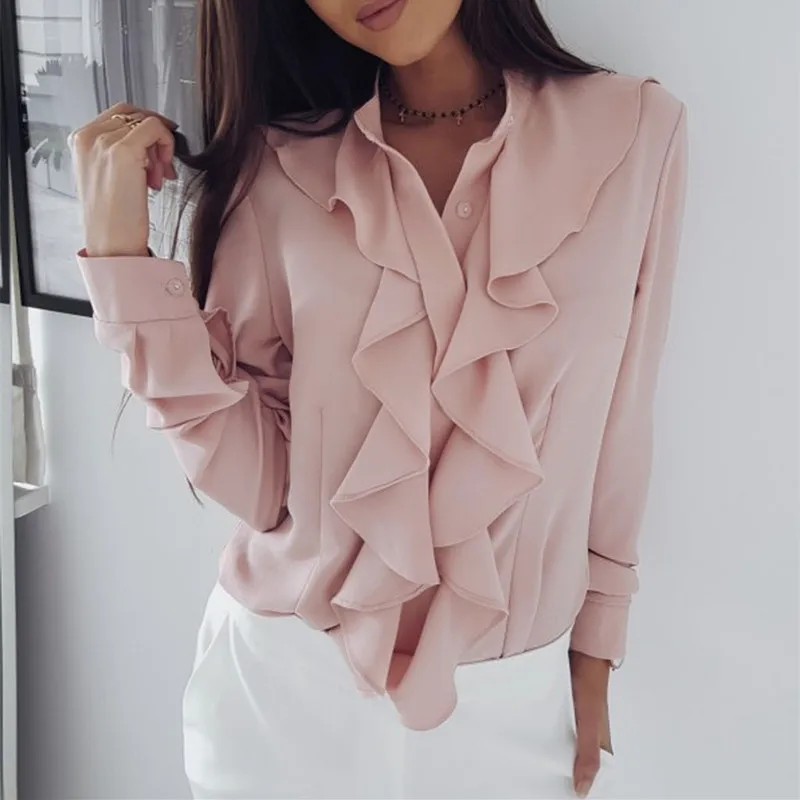 

Fashion Casual 2019 New Women's Blouse Shirt Ruffles Solid Color Long Sleeve OL Style Loose Top Female Blusas