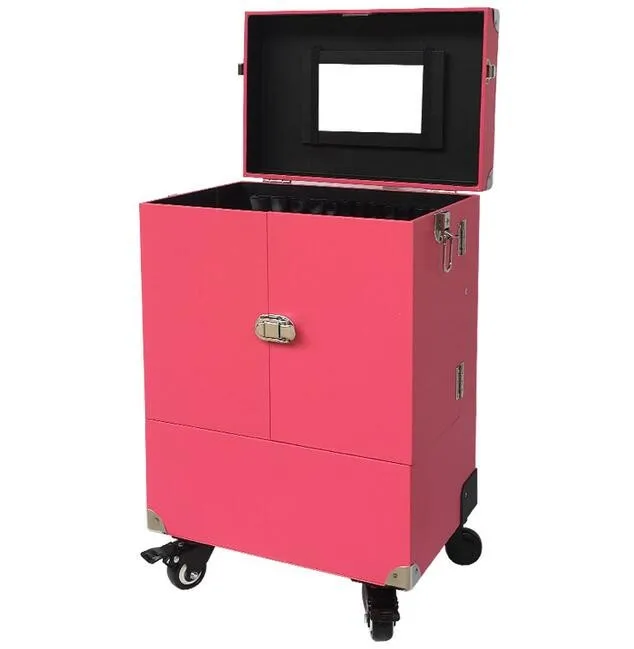 Розовые Косметические ПОЕЗД коробка визажиста чехол замок прокатки Организатор ящик на колесах для ключей