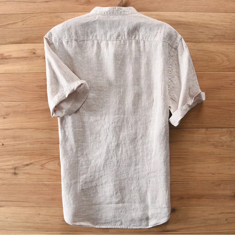 SHIFUREN New Summer Causal Men Shirts 100% Pure Linen Breathable Short Sleeve Mandarin Collar Shirts Size M-XXXL Male Clothing