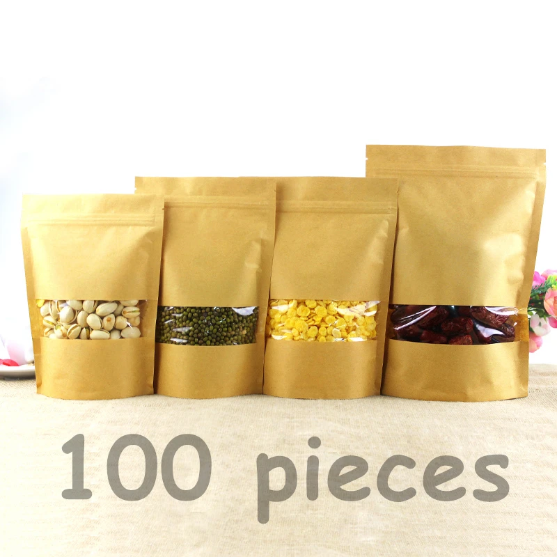 100 個クラフト紙袋バッグと窓茶packaigngバッグ小袋クラフトバッグ包装ナッツスナックお菓子 Bag Free Bags Withbag With Window Aliexpress