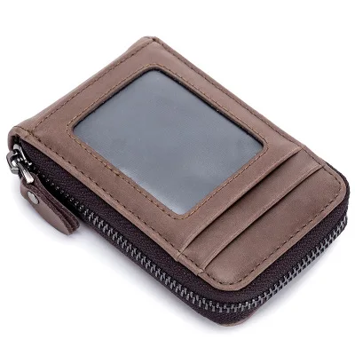RFID Блокировка из натуральной кожи кредитный кошелек с отделами для карт безопасности дорожный бумажник с застежкой молнией маленький складной кошелек - Цвет: Coffee