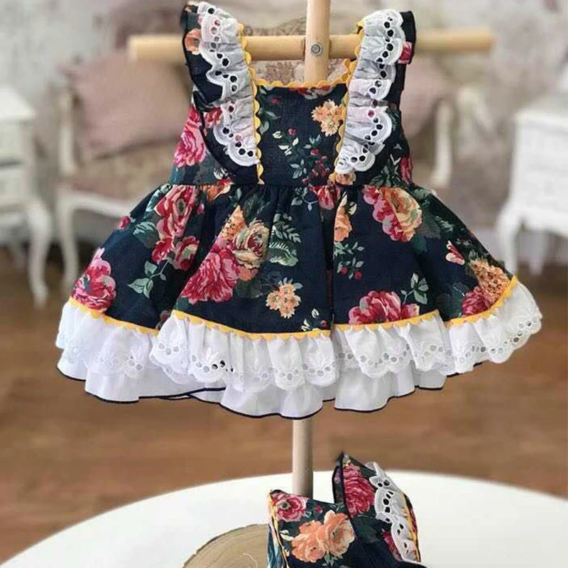 

3 PCS Summer Girl Lace Flower Princess Dress Vintage Spanish Dress Lolita Party Dress for Girls Casual Dress with Pants Cotton