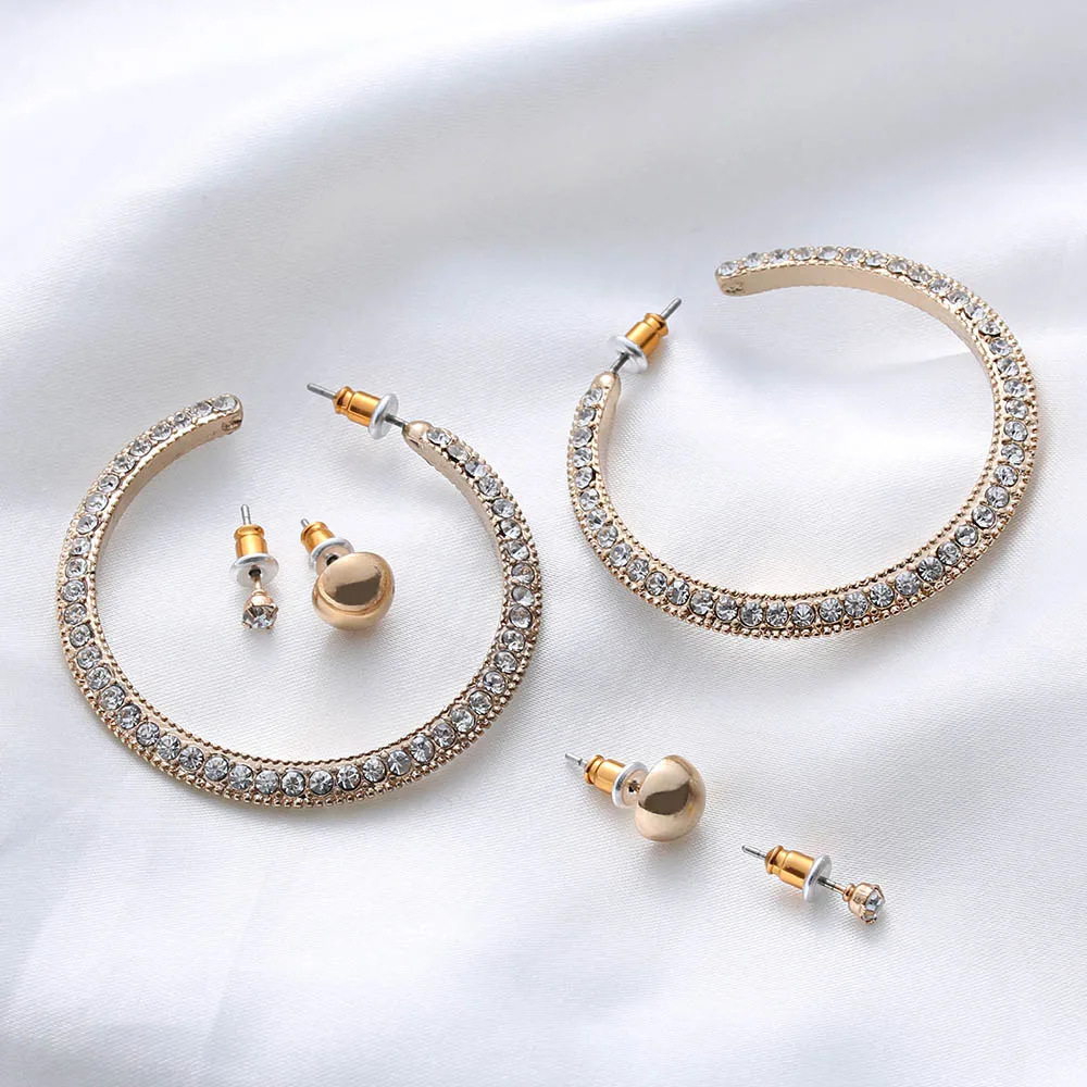 

3 pairs/set Fashion Punk Women Big Hoop Round Ball Earrings Alloy Crystal Rhinestones Ear Stud Jewelry Accessories