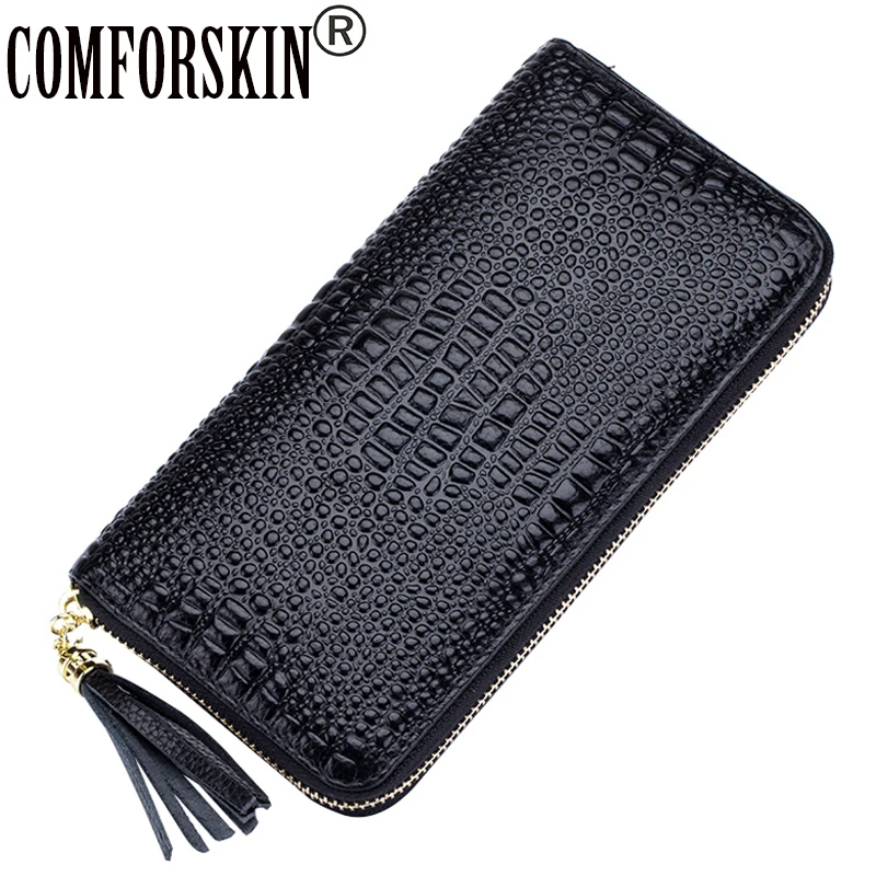 Womens Wallets Crocodile-Pattern Genuine-Leather Purses Zipper Female American Long