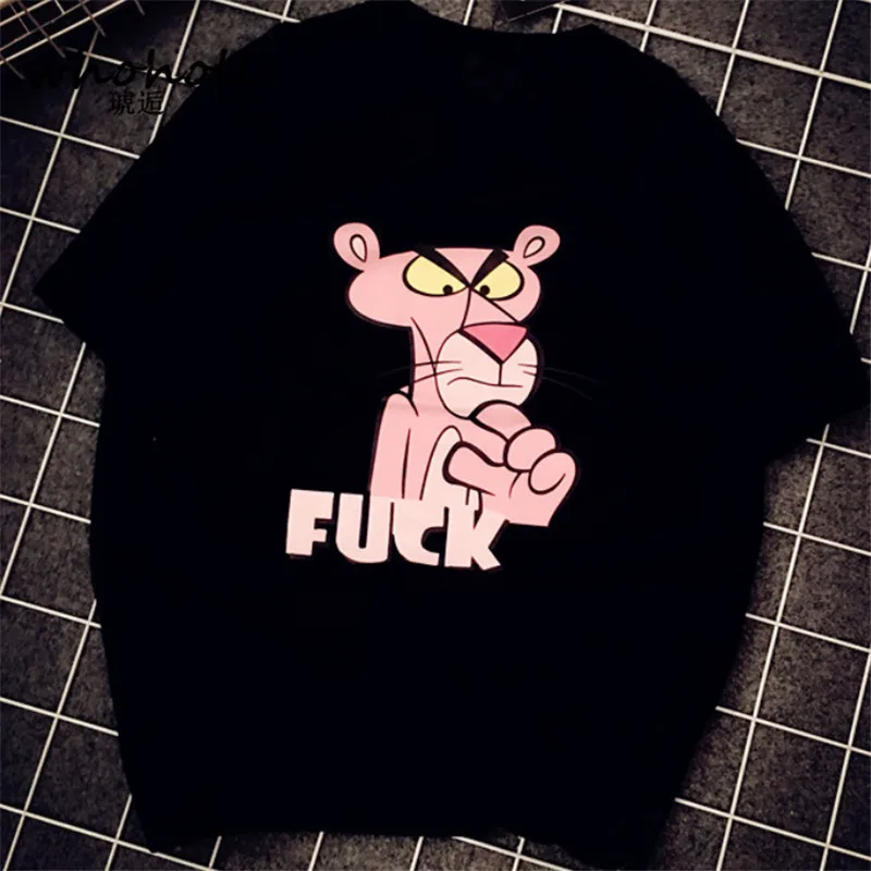 

WHOHOLL Women T shirt Summer Fashion Pink Panther letter Printing Short sleeve All-match O-neck Black White Casual loose clothes