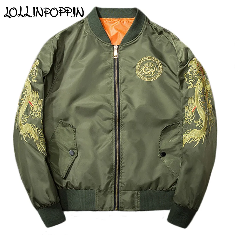 

Mens Dragon Embroidery Bomber Jacket Chinese Style Aviator Jacket For Men Loong Embroideried Baseball Jacket Flight Jackets